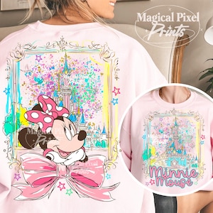 Minnie Mouse estilo preppy PNG, Castelo mágico charmoso com laço rosa PNG, Design de camiseta para férias em família 2026, Mickey e seus amigos PNG, Reino Mágico imagem 5