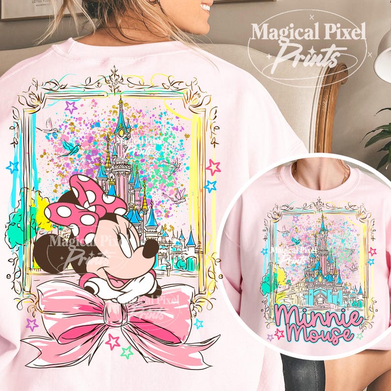 Minnie Mouse estilo preppy PNG, Castelo mágico charmoso com laço rosa PNG, Design de camiseta para férias em família 2026, Mickey e seus amigos PNG, Reino Mágico imagem 5