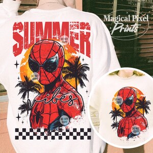 May include: White t-shirt with a red and blue Spiderman graphic, sunglasses, and palm trees. The text "SUMMER vibes" is in red and white. The text "DO NOT COPY" appears four times on the shirt.