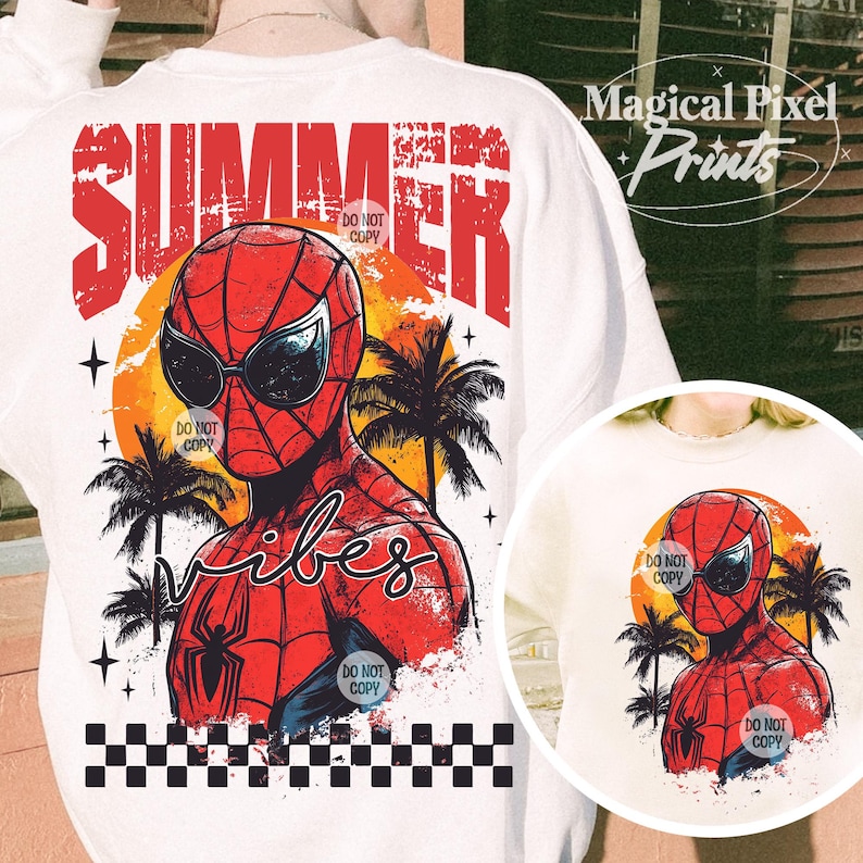 May include: White t-shirt with a red and blue Spiderman graphic, sunglasses, and palm trees. The text "SUMMER vibes" is in red and white. The text "DO NOT COPY" appears four times on the shirt.