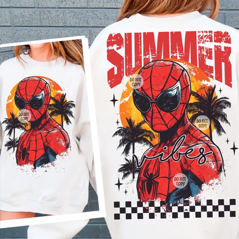 May include: White t-shirt with a graphic of Spiderman wearing sunglasses and a palm tree background. The text "Summer Vibes" is printed in red and black with a checkered pattern at the bottom. The text "Do Not Copy" is printed in small white letters on the graphic.