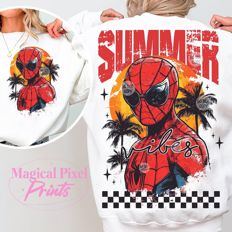 May include: White sweatshirt with a red and blue Spiderman graphic wearing sunglasses and the text "Summer Vibes" in a distressed font. The graphic is set against a sunset background with palm trees.