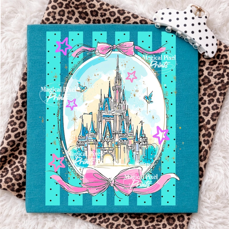 May include: A teal square featuring a castle illustration within an oval frame, embellished with pink bows and stars. The castle is rendered in blue, pink, and yellow hues, with two birds and the text "Magical Pixel Prints".