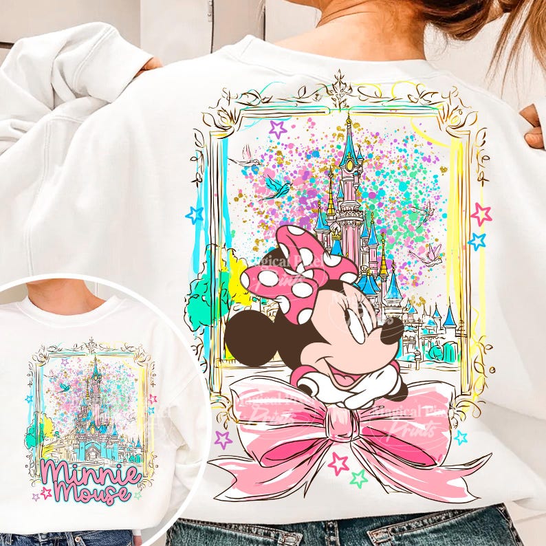 Minnie Mouse estilo preppy PNG, Castelo mágico charmoso com laço rosa PNG, Design de camiseta para férias em família 2026, Mickey e seus amigos PNG, Reino Mágico imagem 7