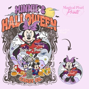 May include: Minnie Mouse dressed as a vampire with a purple bow and cape. She is flying in the air with the text "Trick or Treat" and "Candy Co." below her. The image has a vintage, distressed look.
