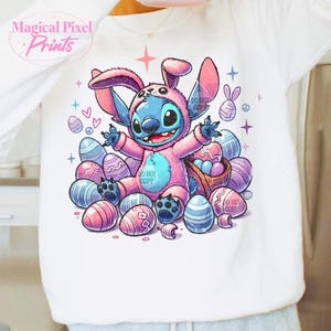 May include: A blue Stitch character wearing a pink bunny costume surrounded by pastel colored Easter eggs. The text "Do Not Copy" appears on the image.