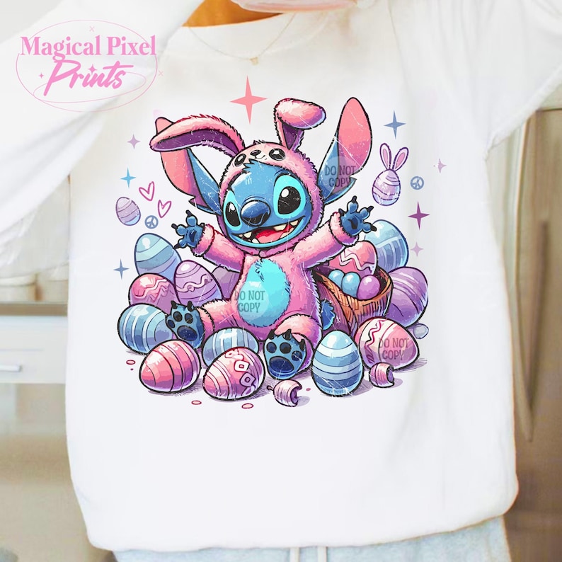 May include: A blue Stitch character wearing a pink bunny costume surrounded by pastel colored Easter eggs. The text "Do Not Copy" appears on the image.