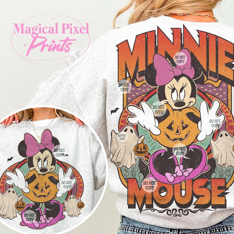 May include: A light grey sweatshirt with a Halloween-themed Minnie Mouse design. The graphic features Minnie Mouse, a jack-o'-lantern, ghosts, and the text "MINNIE MOUSE". The design has a vintage, distressed look with the text "Magical Pixel Prints".