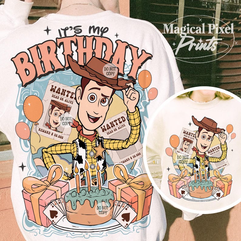 May include: A white t-shirt with a cartoon image of Woody from Toy Story. The image includes a birthday cake, presents, and balloons. The text "It's my Birthday" is written in pink letters on the shirt.