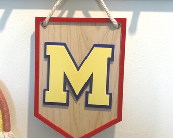 Personalised wood and acrylic pennant kids initial letter wall hanging for room or door