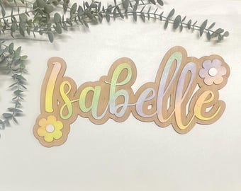 Wooden Name Sign with flowers hand painted: Pastel Rainbow Nursery Decor