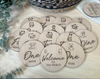 Safari Animal Wooden Baby Milestone Discs: Photo Prop Set