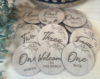 Floral Baby Milestone Wooden Discs/ cards: Newborn Photo Props
