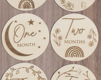 Wooden Baby Milestone Discs hand drawn laser engraved: Photo Prop Set