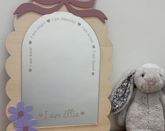 Personalised affirmation mirror, wood and acrylic with bow and flowers