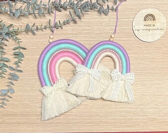 Handmade Macrame Rainbow with bows and personalisation option. Nursery Decor, Pink Purple Baby Gift