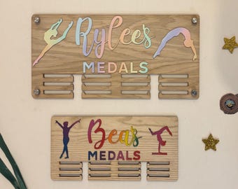 Personalised Medal Holder/ hanger gymnastics, dance, sport : Oak Ash or sparkly white Wood, Hand-Painted
