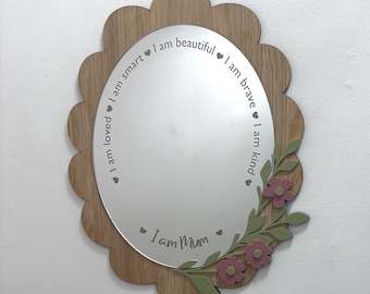 Personalised affirmation mirror, wood and acrylic with flowers