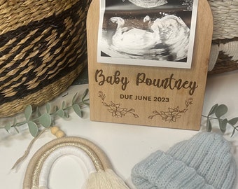 Personalised Wooden Baby Scan Frame: Engraved Pregnancy Announcement