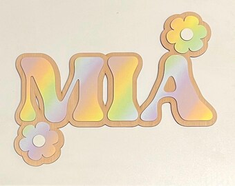 Hand Painted Wooden Name Sign: Retro Font, Daisy Decor