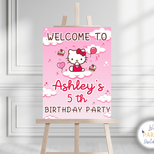 Kitty Birthday Welcome Sign, Kitty Birthday Welcome Poster, Girls Birthday Welcome Sign , Personalized Kawaii Welcome Sign