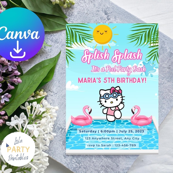 Easy Editable Kids Birthday Invitation, Girl's Pool Kitty Birthday Party Invitation, Pool Party Summer, Swimming Pool Splash, Cute Kitty