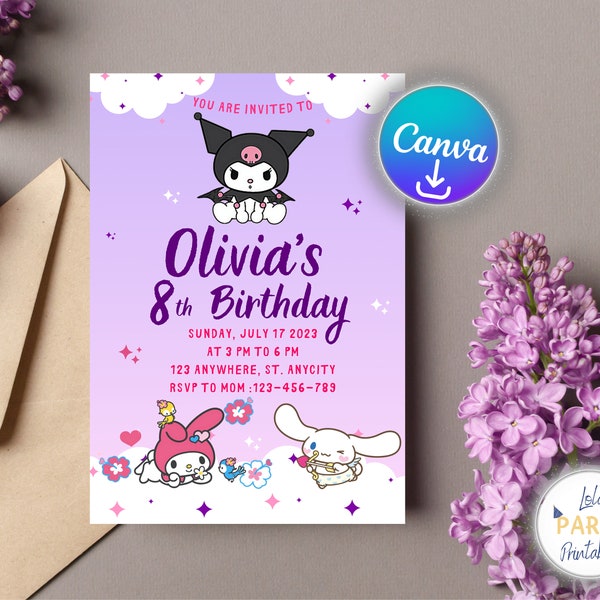 Kitty Birthday Invitation Editable, Halloween Birthday Invitations, Digital Kids Party Invite, Girls Birthday Card, Editable Kawaii Invite