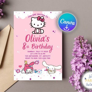 Kitty Kawaii Invitation, Easy Editable Birthday Party Invitation, Kitty birthday Template, Printable Birthday Invitations, Digital Invite