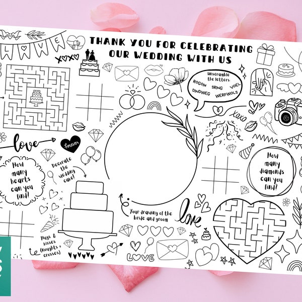 Wedding Activity Placemat Printable - Instant DIGITAL Download - Kids activity sheet, fun kids colouring-in, kid wedding entertainment A4 A3