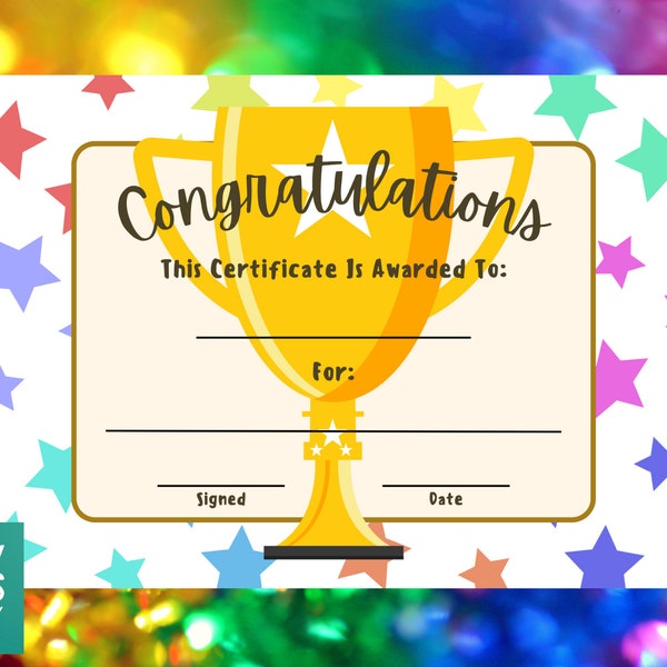 Kids Congratulations Certificate Printable - Instant DIGITAL Download - Kids achievement, well done award to personalise A4 A3