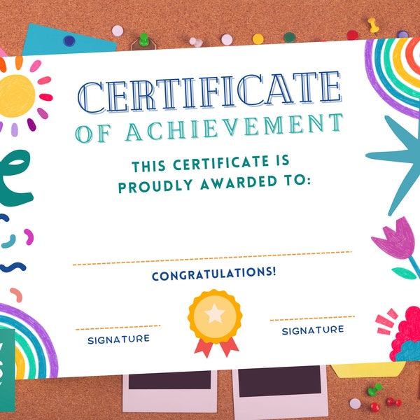 Kids Achievement Certificate Printable - Instant DIGITAL Download - Kids bright colour well done, congratulations award to personalise A4 A3