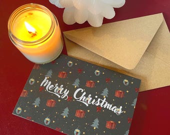 Tarjeta de felicitación navideña verde oscuro con sobre kraft marrón – Individual, paquete de 10 o paquete de 20
