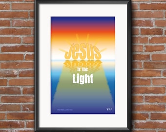 Póster «Jesús es la luz», Arte gráfico de atardecer en el océano, Decoración inspiradora