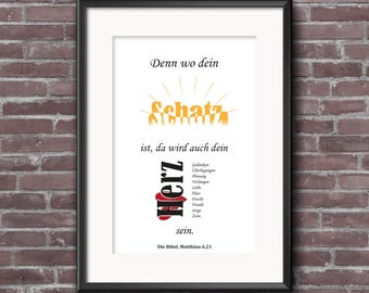 Impresión de arte del versículo bíblico alemán, Matthäus 6,21 (Descarga digital)