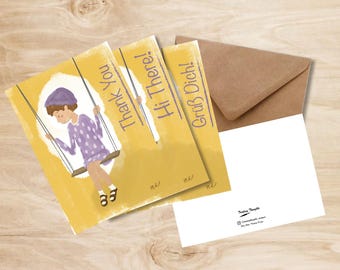 Tarjeta postal ilustrada de una niña en un columpio - Tarjeta de felicitación original