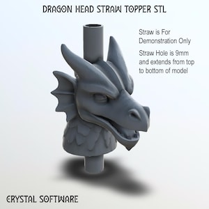 Puede incluir: Un tapón de paja con forma de cabeza de dragón gris con el texto "DRAGON HEAD STRAW TOPPER STL". El orificio de la pajita es de 9 mm y se extiende de arriba a abajo del modelo. También es visible el texto "Straw is For Demonstration Only".