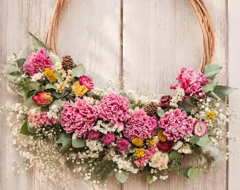 Corona de rosas y peonías secas / Corona de flores secas hecha a mano para puerta / Corona de estilo rústico