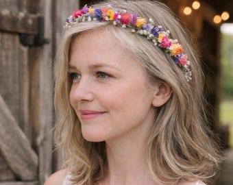 Delicate Dried Flower Hair Crown | Wildflower Bridal Crown | Dainty Flower Girl Hair Garland