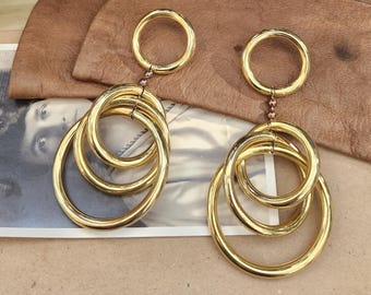 Jeannie Earrings // Vintage 1970's Fun, Chunky Gold Tone Triple Hoop Earrings, Postback