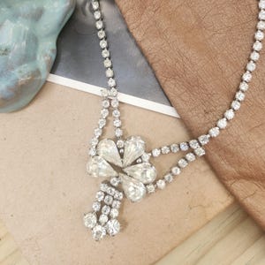 Marina Necklace // Vintage 1940&#39;s - 1950&#39;s Art Deco Style Floral Silver Rhinestone Choker Necklace