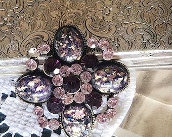 Natalie Brooch // Vintage Gold Tone Floral Brooch with Purple Rhinestones and Iridescent Purple & Gold Cabochons, AS IS