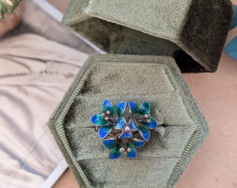 Flora Ring // Vintage Stamped 800 Italian Silver Ring with Three Blue & Green Enamel Pop-out Flowers