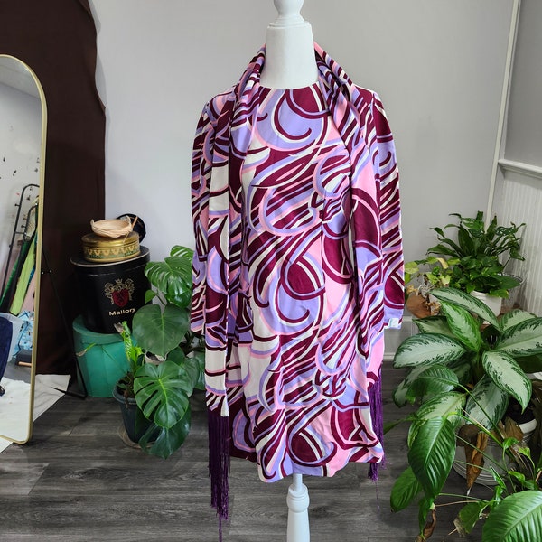 Chloe Dress // Vintage 1970's White, Pink & Purple Swirl Print Mod Dress + Matching Scarf, Deadstock and Handmade AS IS