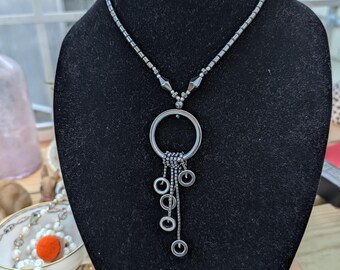 Vintage Hematite Beaded Necklace with Ring & Fringe Pendant