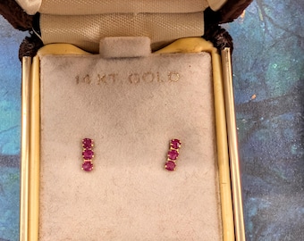 Vintage Deadstock Estate 14k Gold Triple Ruby Earrings, Post back