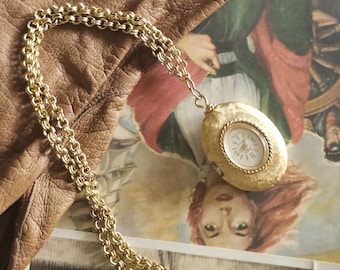 Sheffield Watch Necklace // Vintage Gold Tone Sheffield Swiss Made Watch Pendant with Stone Back on Chunky Gold Chain