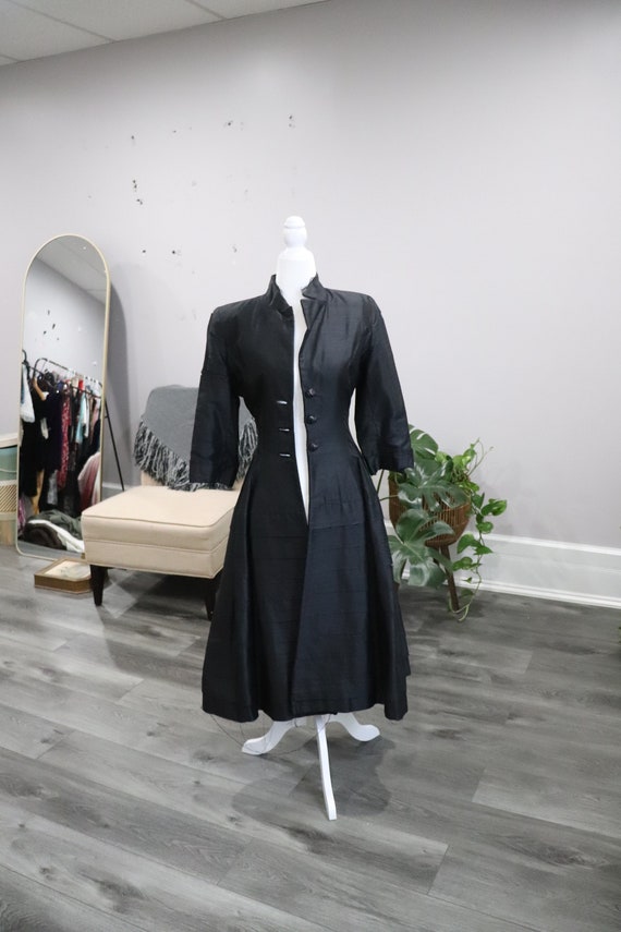 Vintage 1940's Black Silk Princess Cut Coat with … - image 1