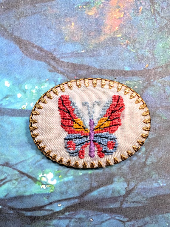 Vintage Handmade Cross Stitch Colorful Butterfly Brooch