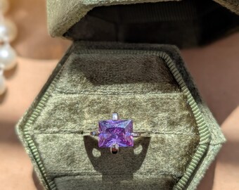 Vintage Silver Tone Amethyst Ring with Heart Cut Out Band, Size 6.5 / Jasmine Ring