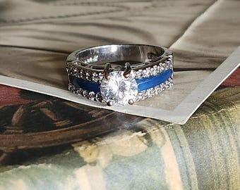 Vintage Blue Enamel Rhinestone Flower Statement Ring - Etsy display picture 1